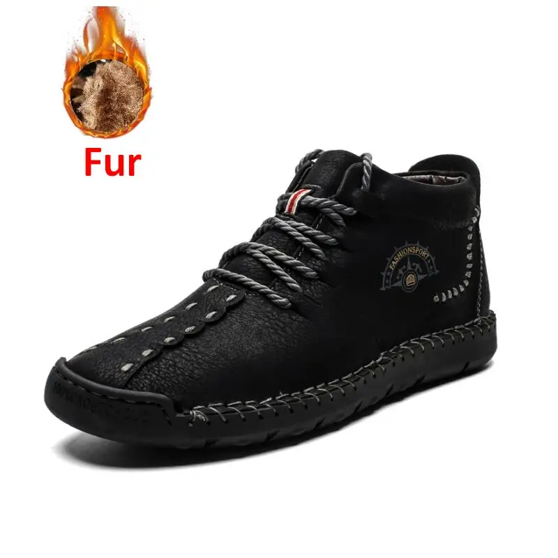 BLACK Fur UEXIA/Новые мужские ботинки; зимние теплые ботинки на меху; Мужская обувь; модные мужские зимние кожаные ботильоны; размеры 38-48 - Цвет: BLACK Fur