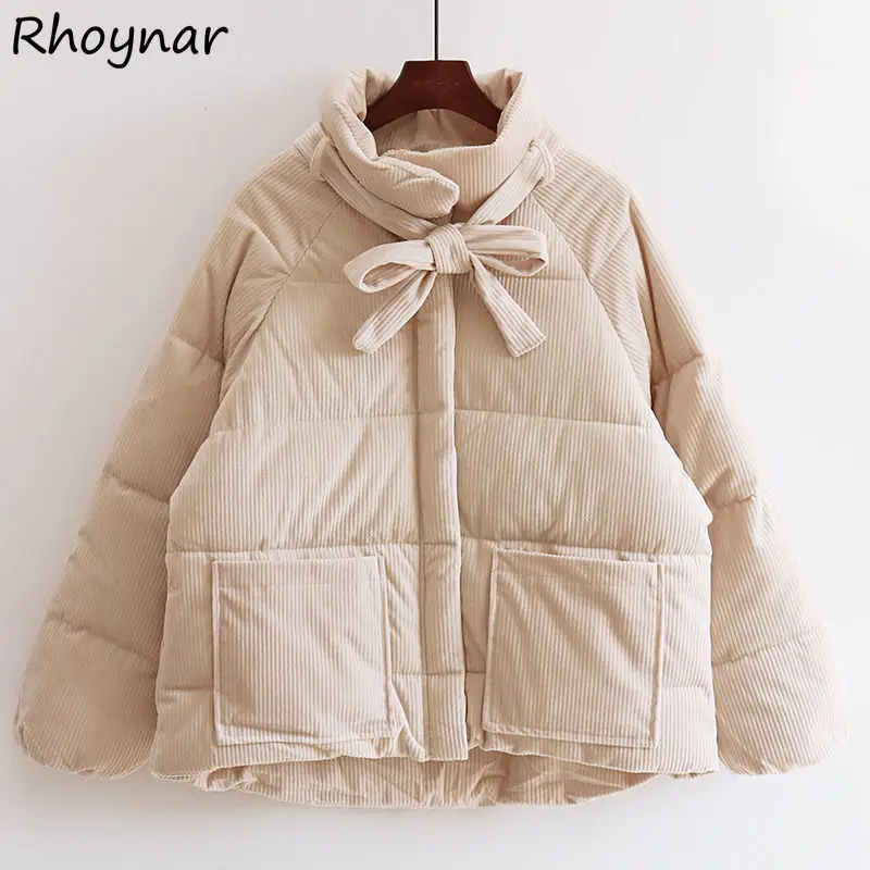 

Short Style Parkas Women Bow Long Sleeve Thick Winter A-LINE Tender Corduroy Harajuku Street Wear Warm Fashion All-match Preppy