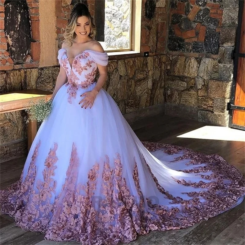 

RANMO Gorgeous Blush Pink Lace Applique Princess Wedding Dresses Off Shoulder Tulle Garden Bride Gown 16 Girl Quinceanera Dress