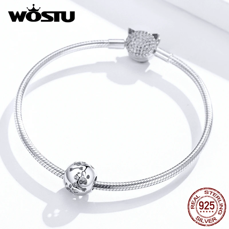 WOSTU 925 пробы серебро для домашнего любимца, кота бусины "следы" Ажурный круглый амулет, подходят к оригинальному браслету кулон Модные украшения CTC140