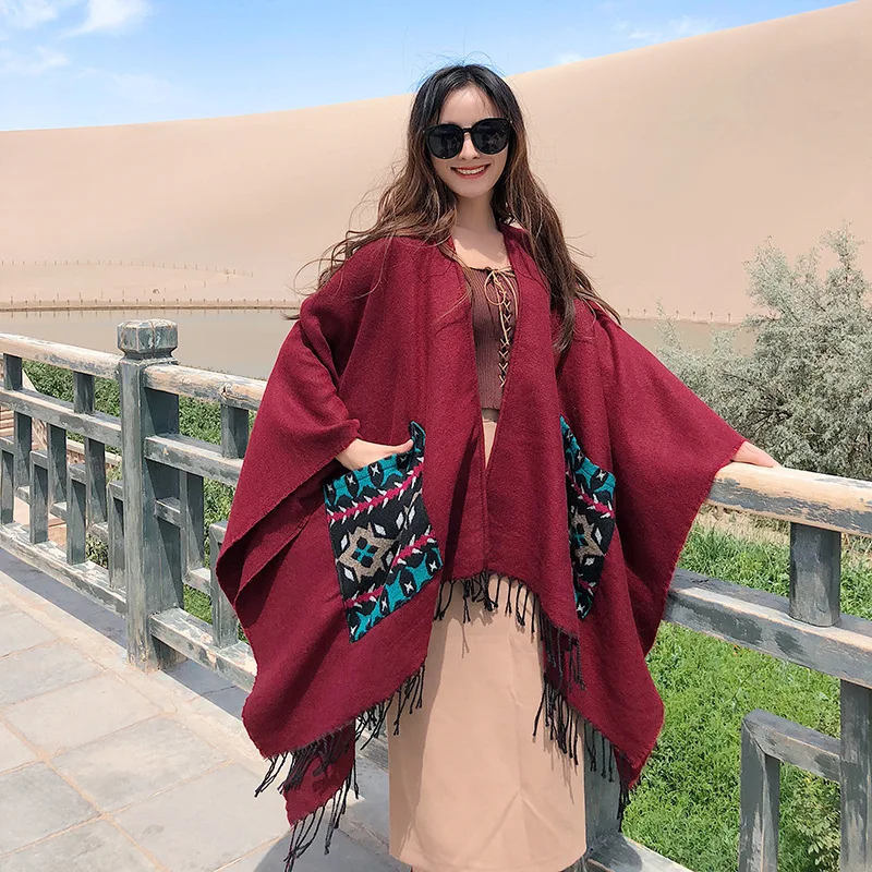 2019 7 Colors Big Pendulum Cloak Ethnic Style Arabic Poncho Women Grey With Leopard Pocket Shawl New Fashion Blanket |