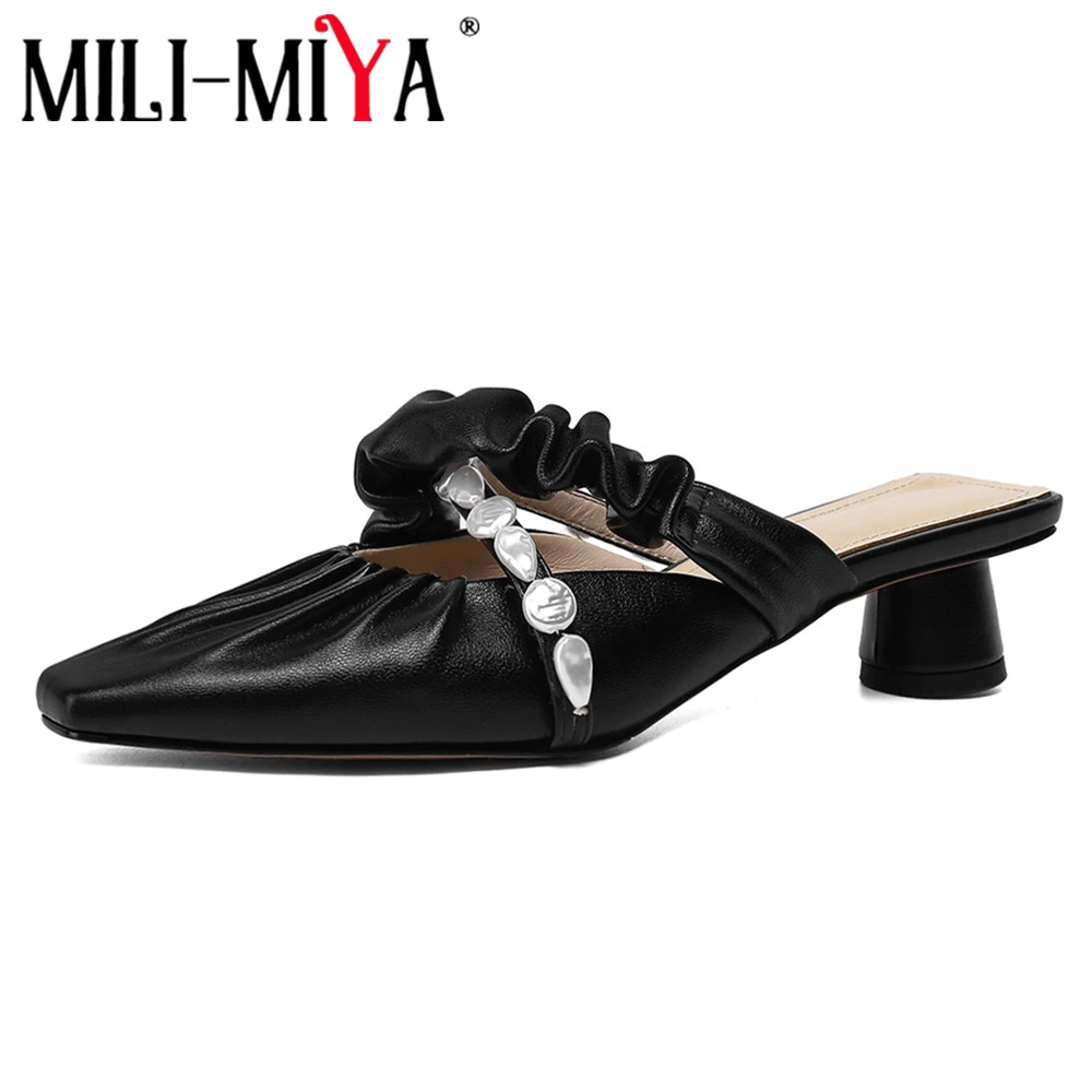

MILI-MIYA Attractive Square Toe Round Heel Women Mules High Quality Slip On Slides Summer Pleated Irregular Stone Party Shoes