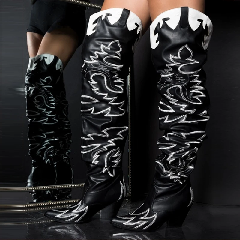 Женские сапоги выше колена Perixir в западном стиле с вышивкой и острым носком