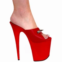gothic rivet sexy red leather baking paint slippers nightclub pole dance 8 inches high heeled shoes thick platform 20cm big size