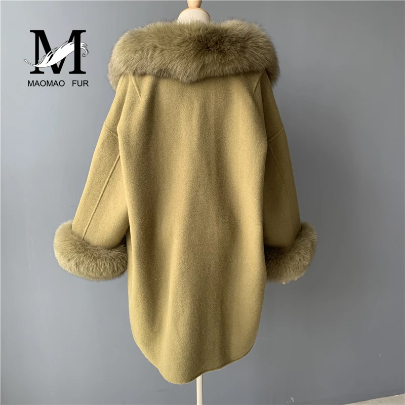 MAOMAOFUR кашемировое шерстяное пальто для женщин, длинный стиль, длинные рукава, воротник из натурального Лисьего меха, Полоска, пиджак с манжетами, Женское шерстяное пальто