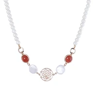 luxury semi precious stone cutout filigree cobweb round pendant necklace for women baroque pearl beads chain jewelry