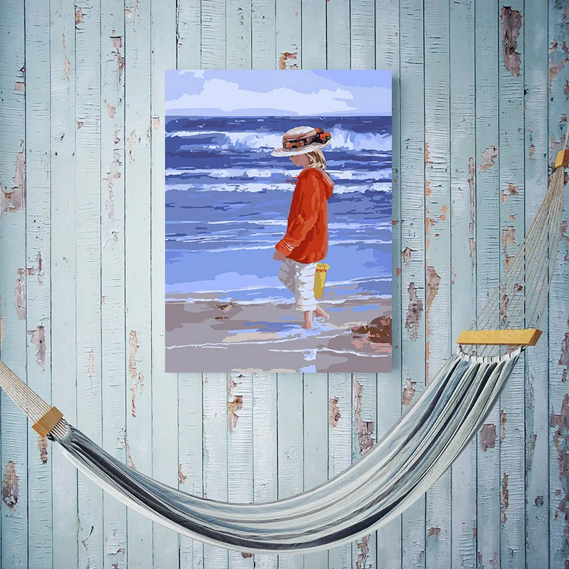 Сделай Сам цифровая картина красивая маленькая девочка приморский пляж задняя