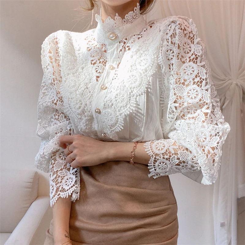 

Spring Autumn Casual Pullover Shirt Blouse Women Solid Turtleneck Ladies Petal Sleeve Loose Hollow Out Lace Shirt Female Y61