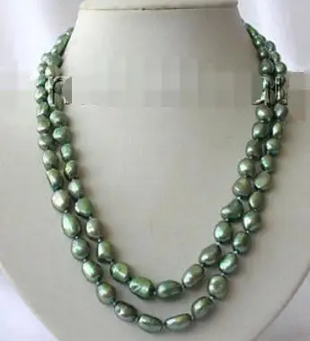 

stunning 18" 2rows 9-10mm baroque green freshwater cultured pearl necklace h752
