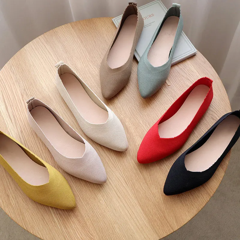

Women's Square Toe Flat Bottom Knit Fabric Loafers Soft Sole Breathable 2021 Summer New Female Ballet Shoes Plus Size 35-42
