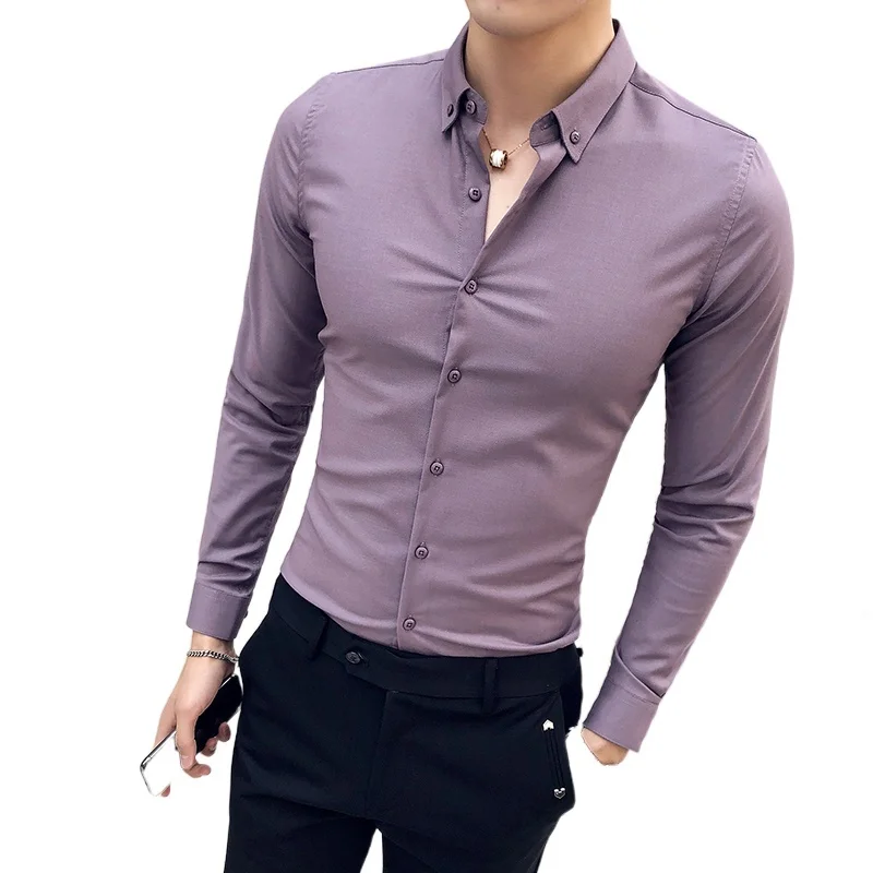 Мужская рубашка с длинным рукавом однотонная деловая приталенная без складок в