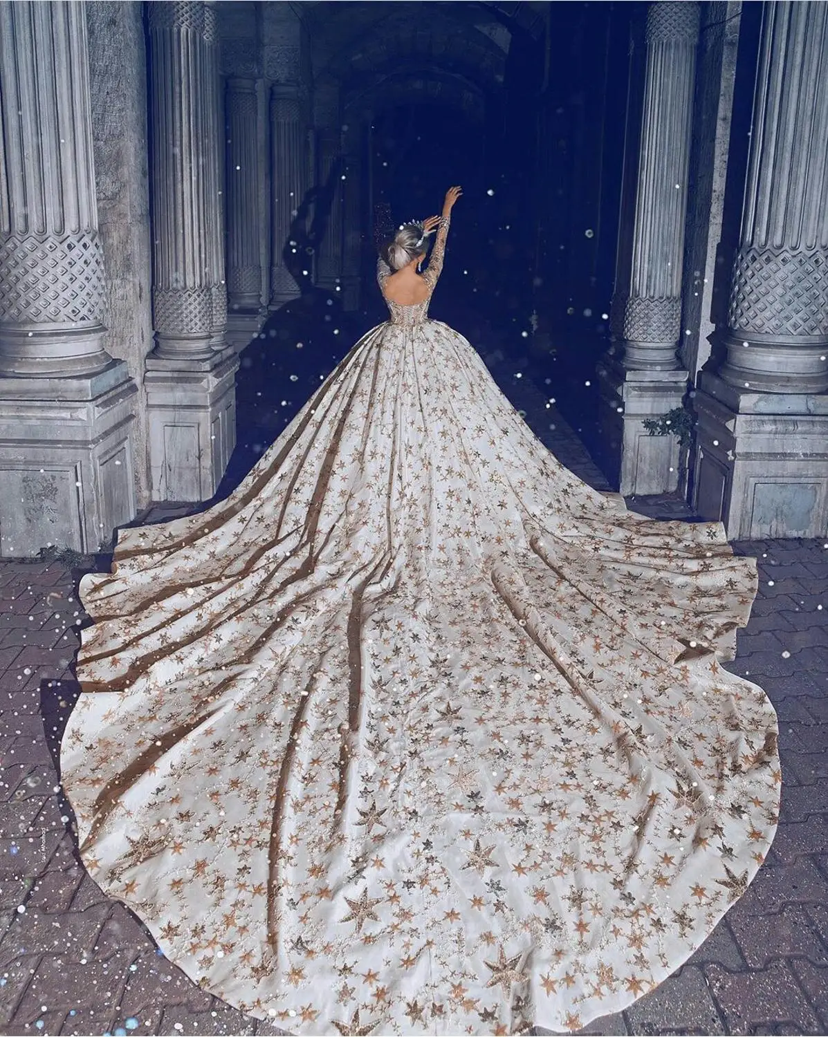 Gorgeous Ball Gown Wedding Dresses Lace Sequined Star Sheer Jewel Neck Court Train Custom Made Arabic Weeding Gowns Bridal Dress
