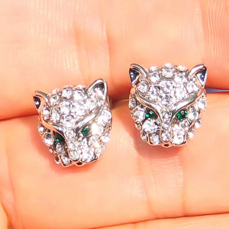 Silver Color Leopard Head Stud Earrings For Women Men Gift Hip Hop Jewelry Cool Rhinestone Animal Party | Украшения и аксессуары