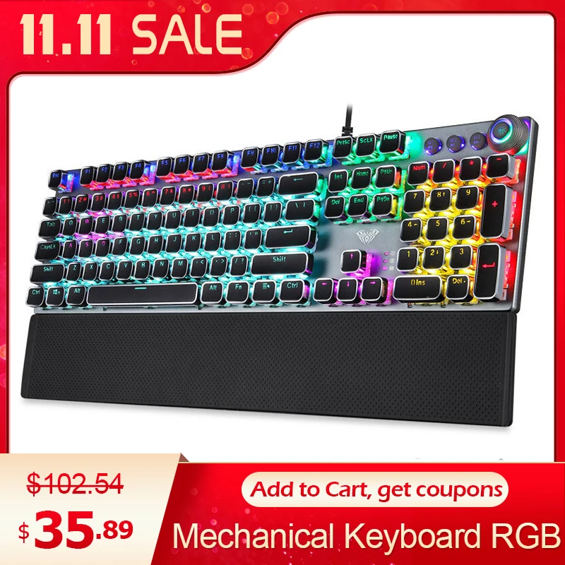 

AULA F2088 Mechanical Gaming Keyboard 104 Punk Keys Removable Hand Rest Multimedia Knob RGB Anti-ghosting Wired Games Keyboards