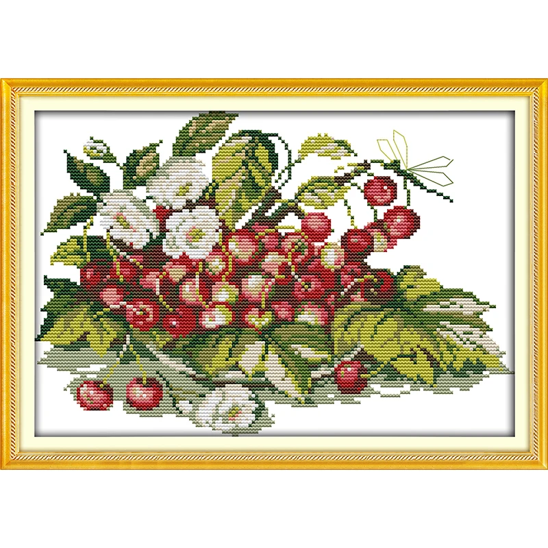 

Joy Sunday Cherry Fruit Tray Chinese Cross Stitch Kits Ecological Cotton Stamped Printed 14 11CT DIY Wedding Decoration For Home
