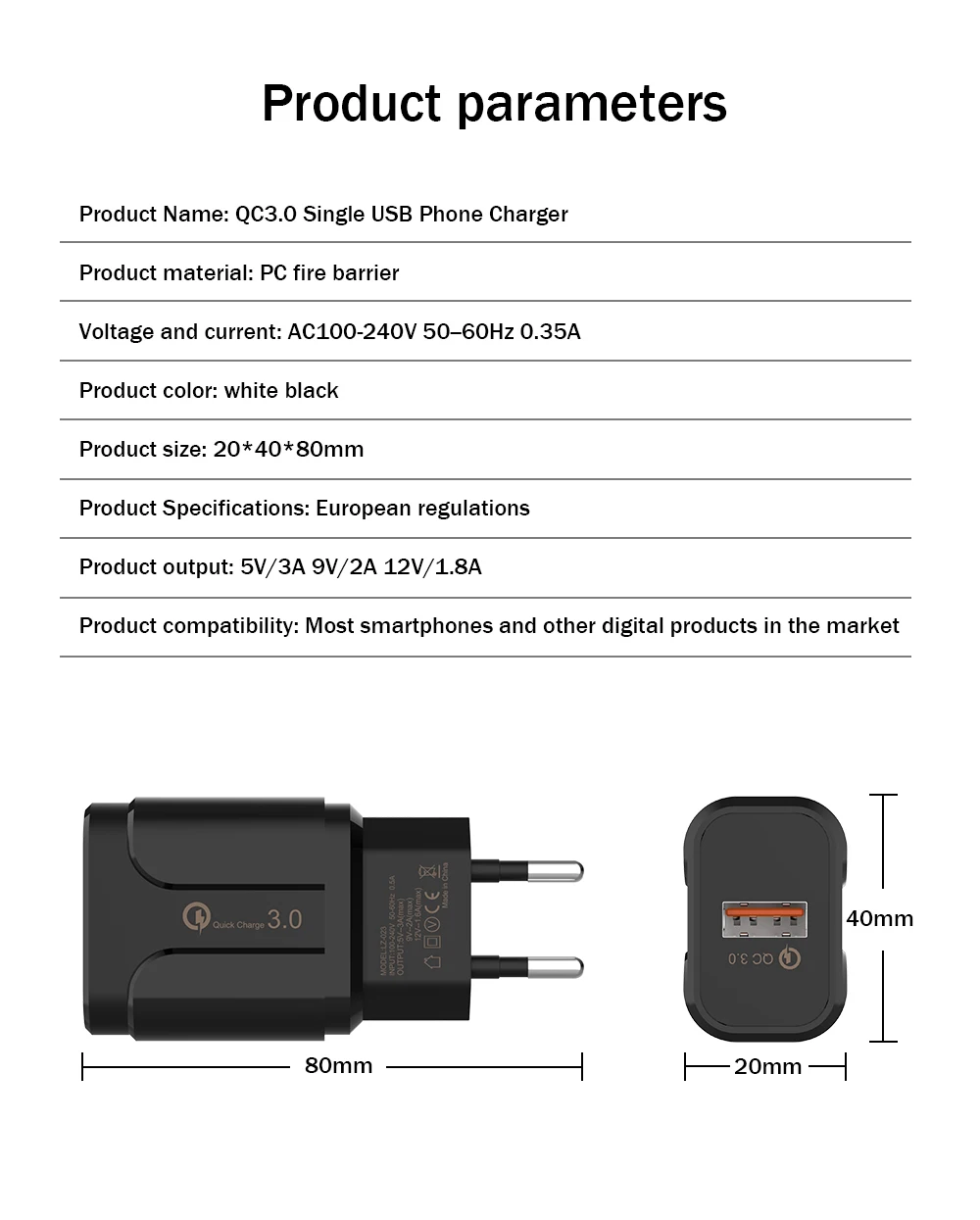 QC3.0 быстрое USB зарядное устройство с европейской вилкой, дорожное настенное зарядное устройство для мобильного телефона для iPhone X Xiaomi Mi 9 huawei P30 Pro, адаптер питания для типа C