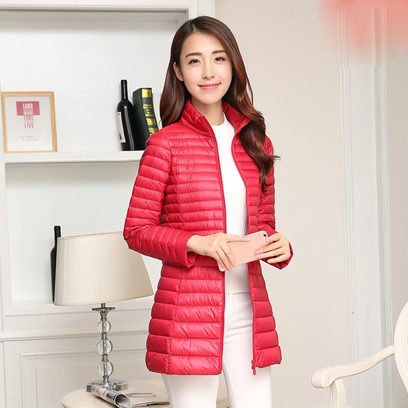 Женский ульсветильник пуховик на молнии белый тонкий теплый длинный с перьями 4XL