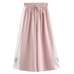 Женские широкие брюки с цветочной вышивкой, летние длинные спортивные брюки с высокой талией, эластичные повседневные свободные спортивные штаны для женщин, 2021