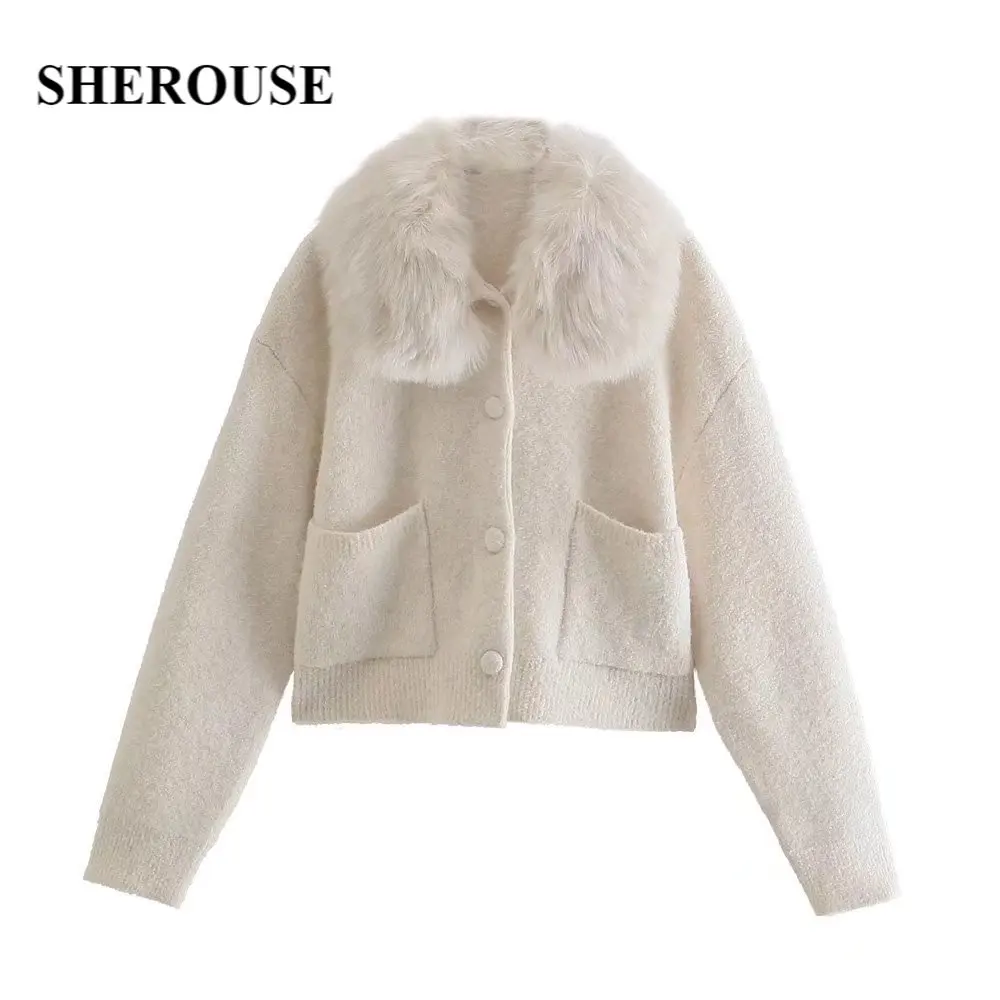 

Женская трикотажная куртка с отстегивающимся воротником из искусственного меха и передними карманами, длинный рукав, женский кардиган