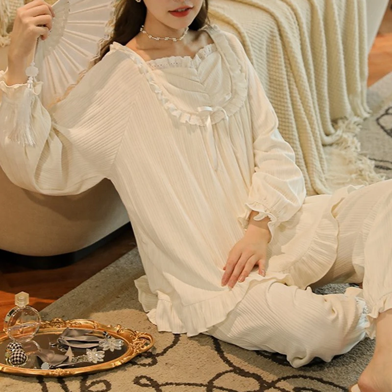

Womens Princess V Neck Double Crape Cloth Pajama Sets Tops+Pants.Court Style Pyjamas Set Vintage Ladies Girl's Home Sleepwear