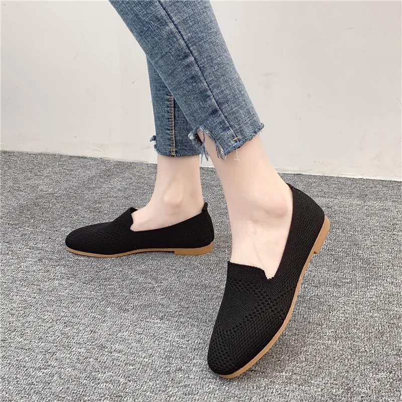 Женские лоферы с квадратным носком вязаные кроссовки без шнуровки дышащие