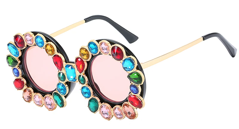 FU E Gorgeous Women Sunglasses Crystal Diamond Handmade Round Eyewear UV400 Mirror Lens Flower Design Summer Sun Glasses - Цвет линз: Black Pink
