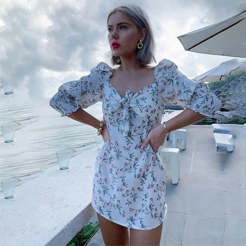 White COSYGAL New Sexy Three Quater Printed Sexy Dress Bow Tie Lace Up Slim Ladies Dress Fashion Nightclub Party Dresses Vetidos - Цвет: White