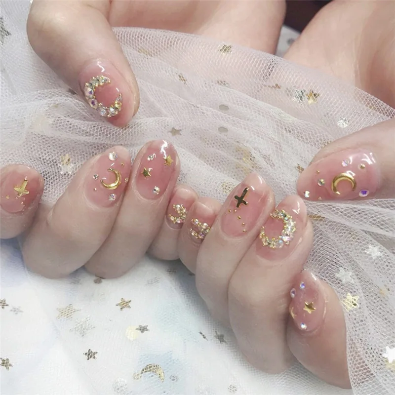 

24pcs/box Pink Transparent False Nails Gold Bronzing Decoration Rhinestones Decoration Girl Press On Nails Short Nail Extension