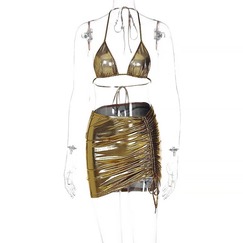 

2021 Summer New Women's Sexy Wrapped Chest Short Skirt Two-piece Folded Drawstring Fashion Suit Women