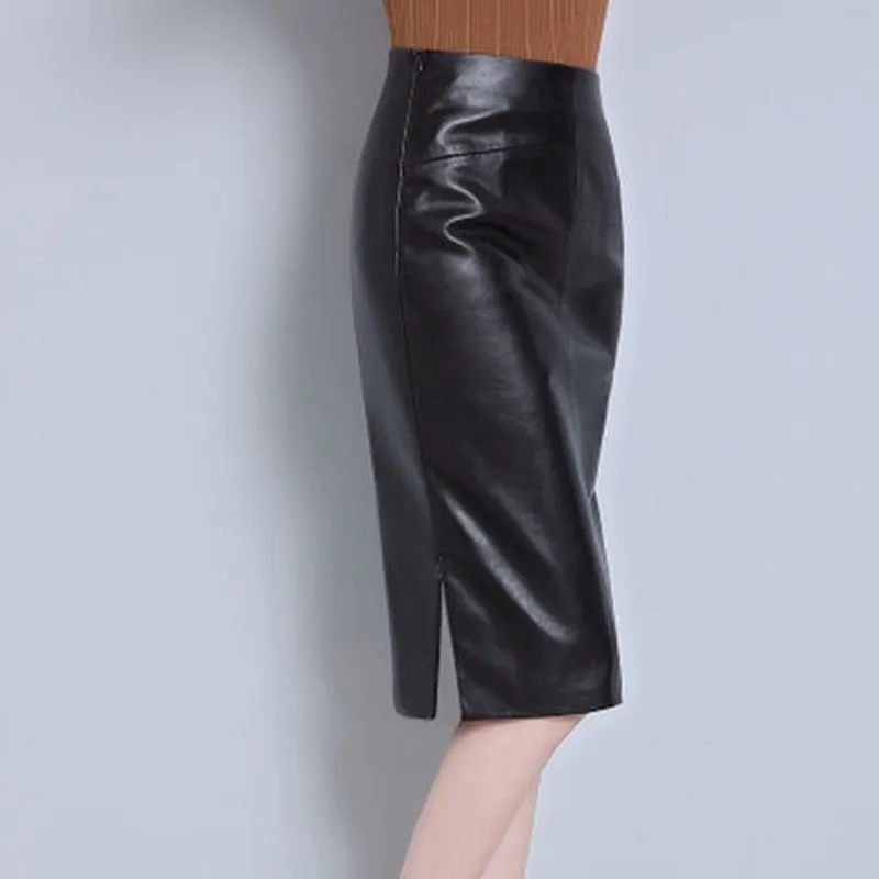 

2020 Sexy Women High Waist Soft PU Leather Solid Back Split Skirts Straight Pencil Midi Skirt Ladies Package Hip Highstreet T223