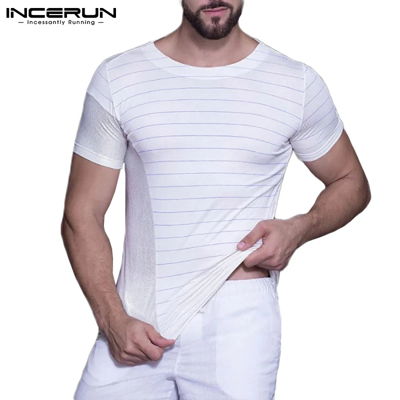 INCERUN-Camiseta de manga corta con cuello redondo para hombre, ropa de calle Sexy, informal, con retales de rayas de malla transparente, S-5XL, 2021