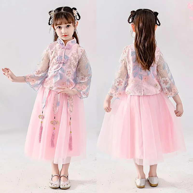

USHINE Children long-sleeved Tang suit cheongsam qipao girl costume hanfu girl dress Chinese style performance skirt girls woman