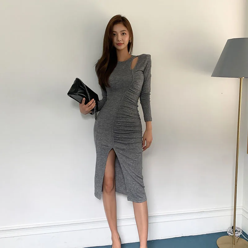 

Women's 2020 Autumn New Sexy Hollow Folds Split Bag Hip Waist Slim Slimming Dress Trend