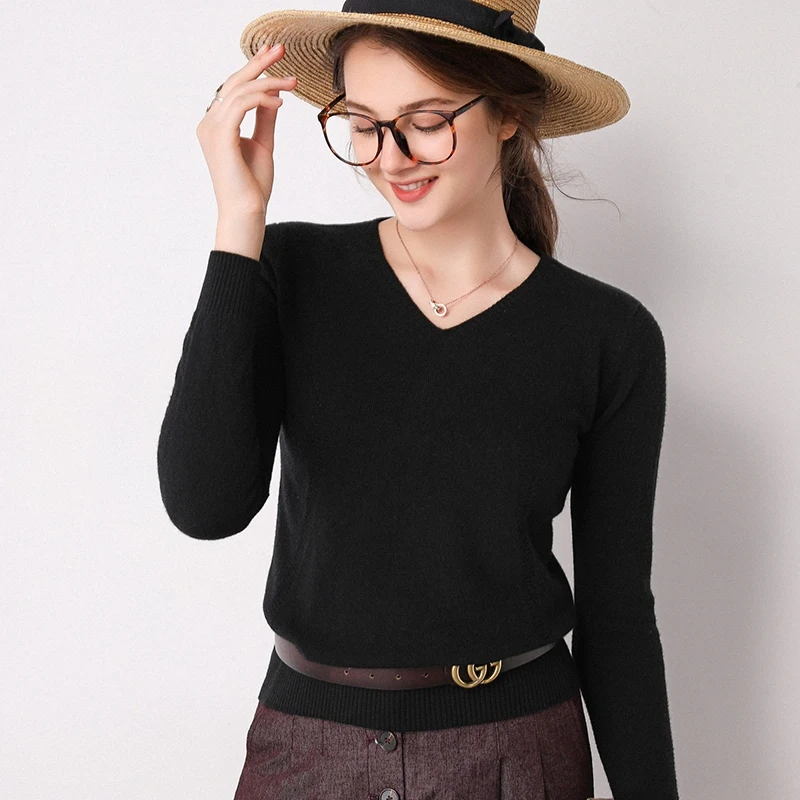 Женский вязаный свитер мягкие Пуловеры из 100%-ной шерсти с V-образным вырезом 6