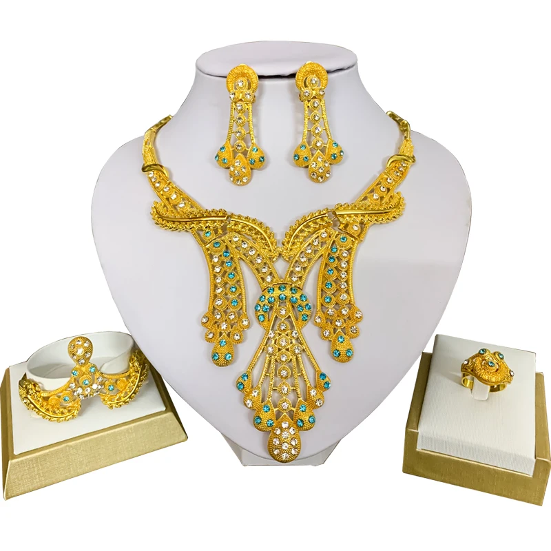 Sets blue LIFFLY Дубай ювелирные наборы большое ожерелье классическая форма капли воды браслет серьги кольцо для женщин Свадебные Ювелирные наборы для невесты - Окраска металла: Sets blue