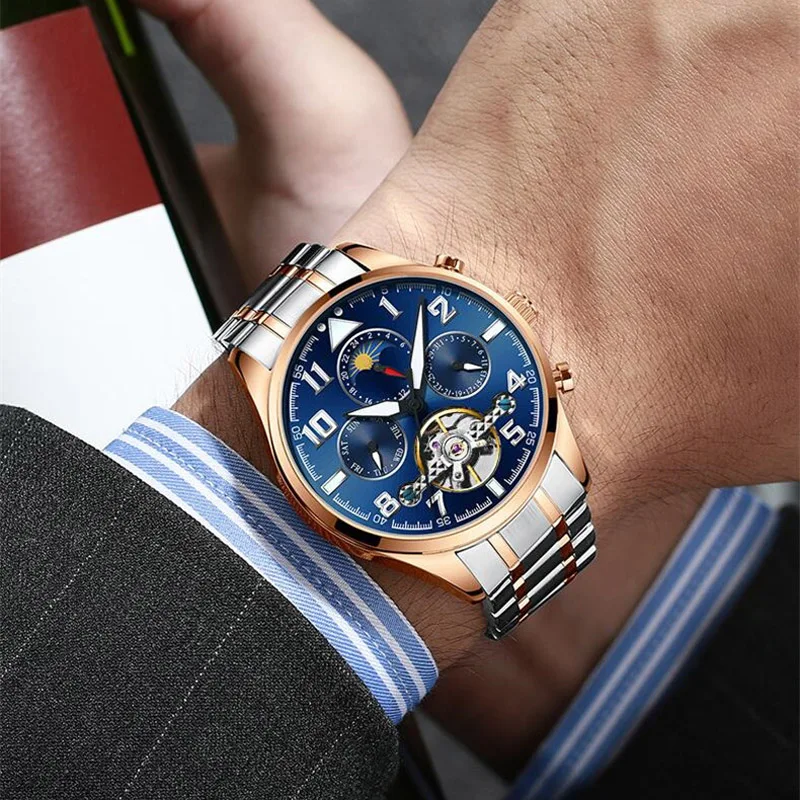 Многофункциональные часы tourbillon для мужчин люксовый бренд Moon фазный Автоматический Механические часы полый маховик мужские часы новые