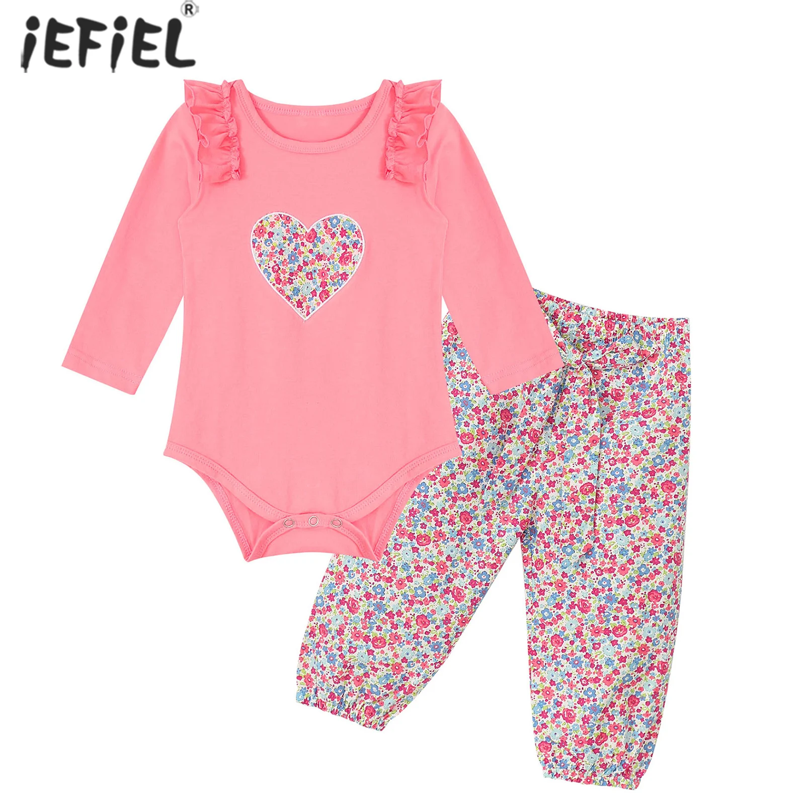 

6-24M Newborn Baby Girls Clothes Long Sleeve Ruffles Heart Romper Flower Print Pants Toddler Girl Clothing Outfits New Born Sets