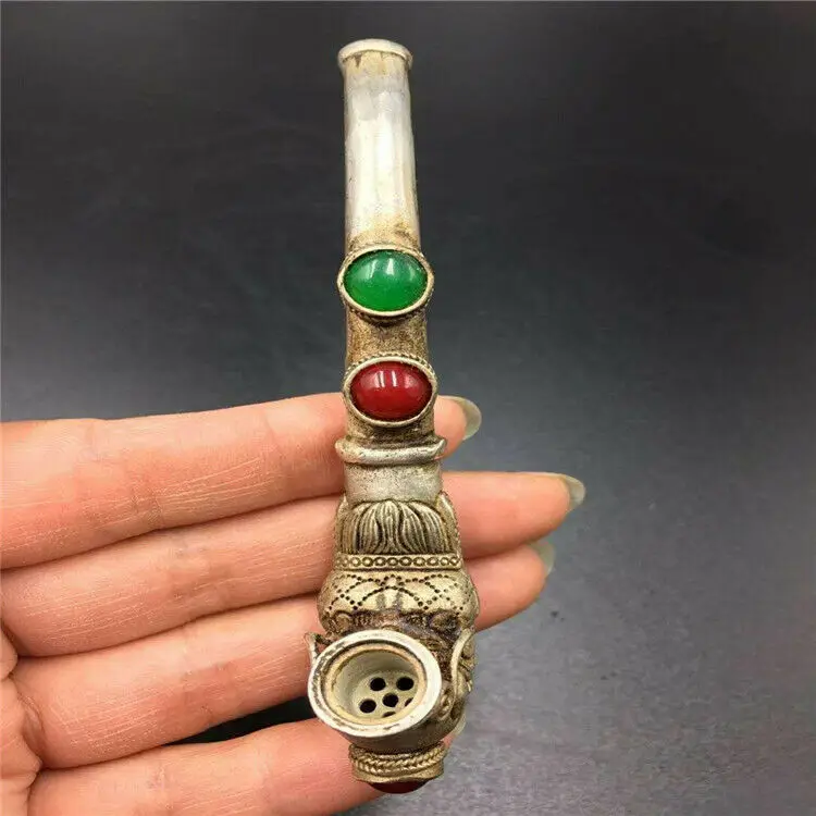 

Cupronickel Inlaid Jade Dragon Phoenix Pipe Cigarette Holder Antiques Collection