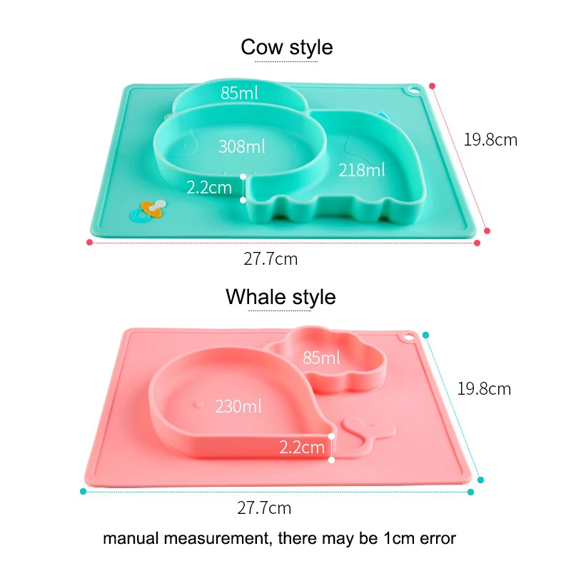 

Food Grade Silicone Baby Dishes Meal Plate Meal Mat Integrated Design Creative Grid Bowl Infant Children Cartoon Cow Dishes