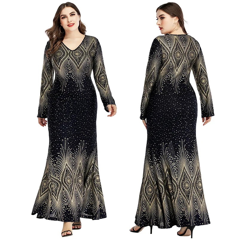 

Plus Size Party Dress Retro Elegant Sequin Women Casual Dresses Long Sleeve Evening Dress for Large Swing Fishtail Skirt