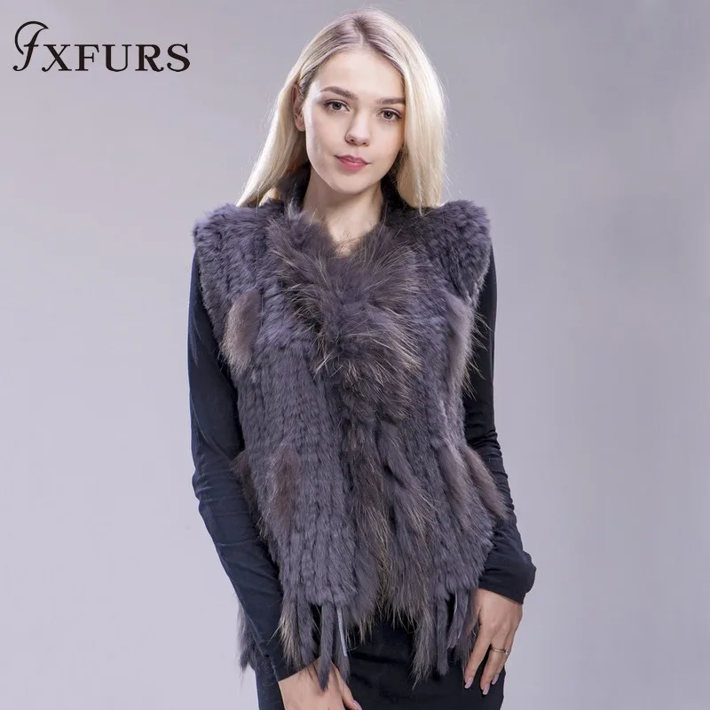 FXFURS из натурального кроличьего меха; вязаная жилетка; куртка из искусственного меха, красочные кролика, енота меховая вязаная жилетка 16 Цвета - Цвет: dark grey