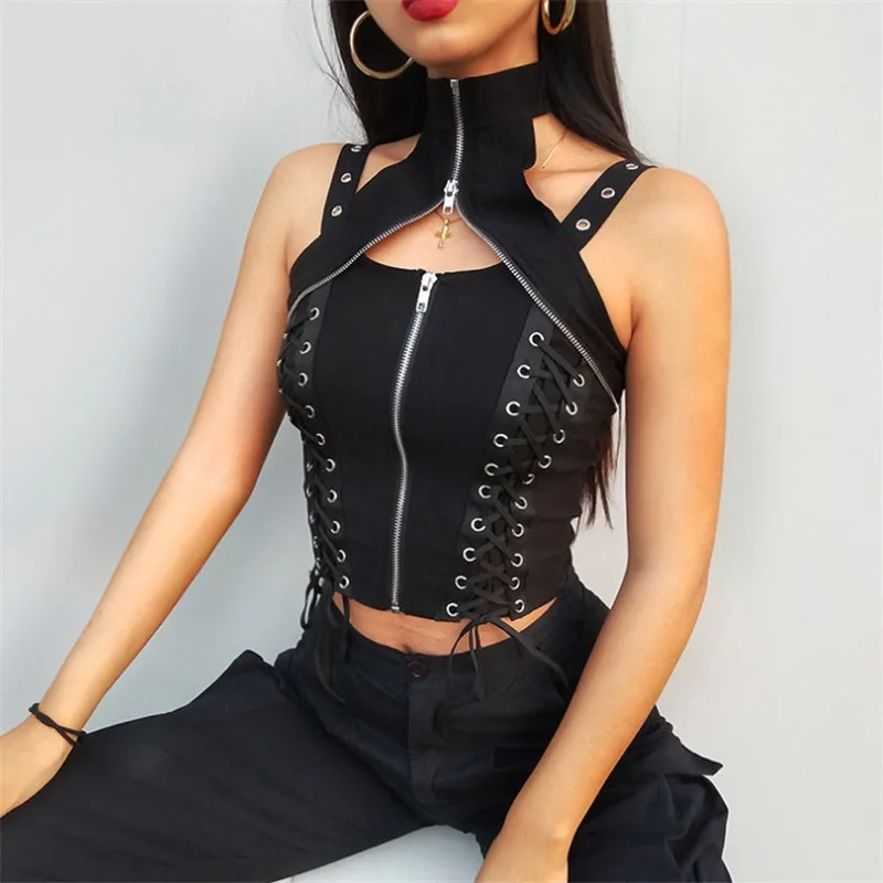 

Punk Sleeveless Zipper Choker Halter Gothic Black Tank Bandage Crop Top Dark Academia Camis Women Bodycon Clubwear Tops Strap