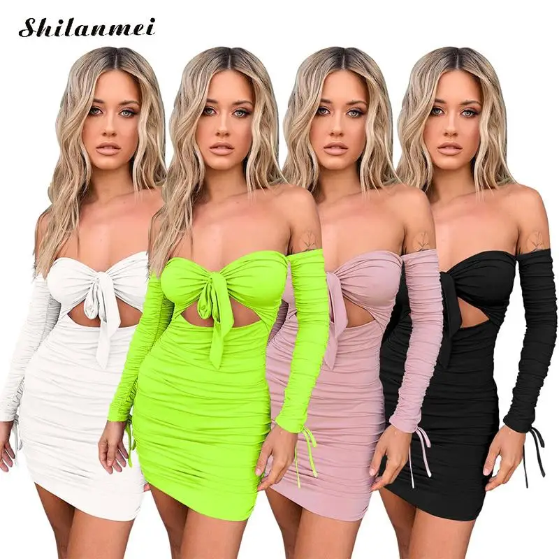 

Off The Shoulder Autumn Dress Women Hollow Out Ruched Fashion Long Sleeve Mini Dress Sexy Club Sheath Pink Bow Bodyon Dresses
