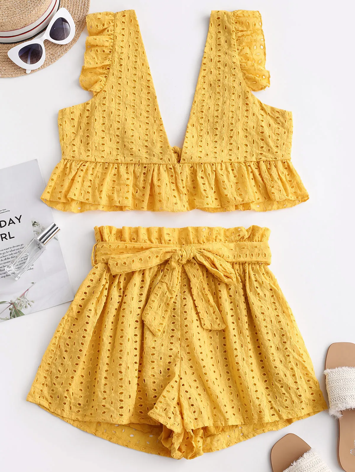 ZAFUL с люверсами глубоким поясом широкими штанинами шорты набор без рукавов