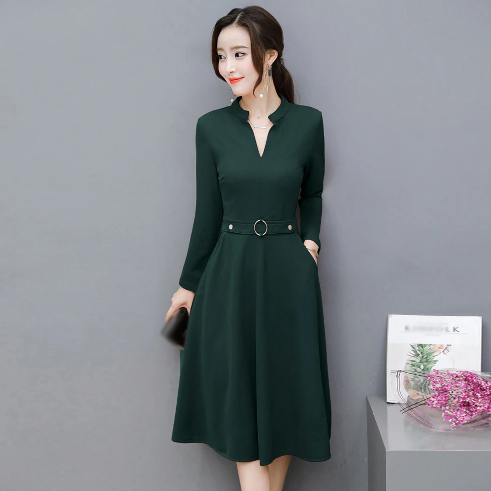 Черное офисное платье весна осень 2019 одежда для работы с длинным рукавом