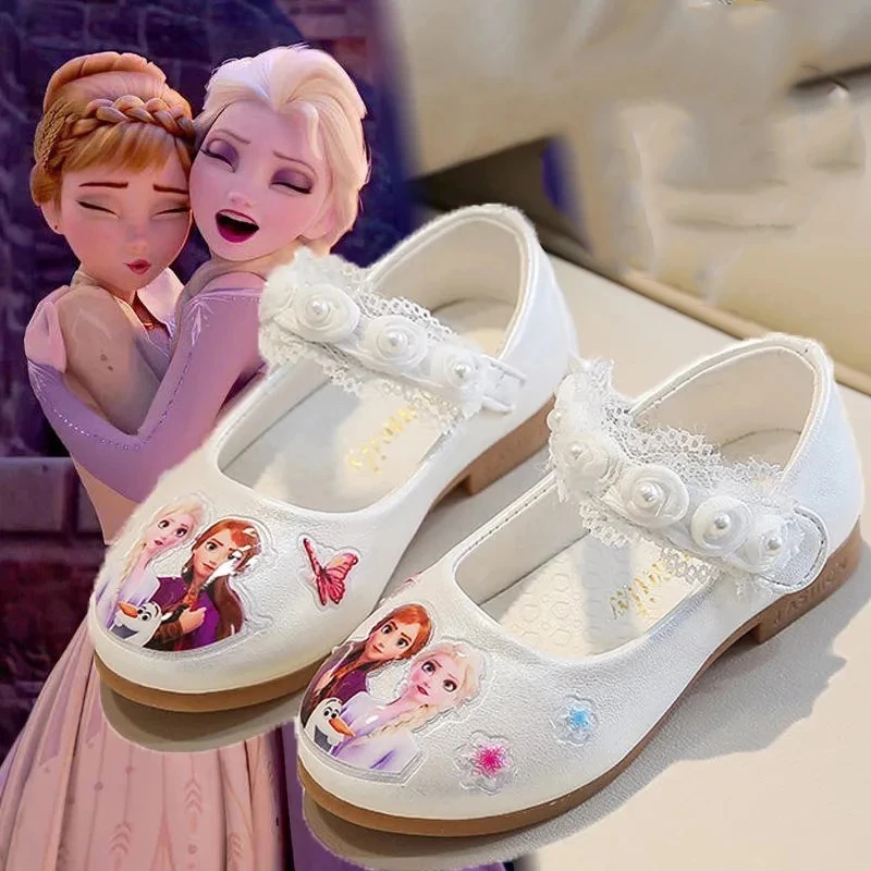 

Модные кожаные туфли Disney для девочек, босоножки принцессы «Холодное сердце», с жемчугом и кружевом, обувь для танцев и свадебных вечеринок
