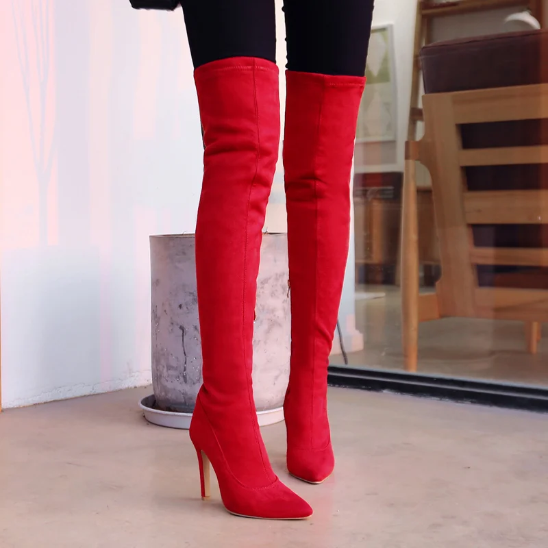 

Akexiya Faux Suede Stretch Thigh High Boots Sexy Elastic Slim Over The Knee Boots Women's Fashion High Heels Black Red Shoes