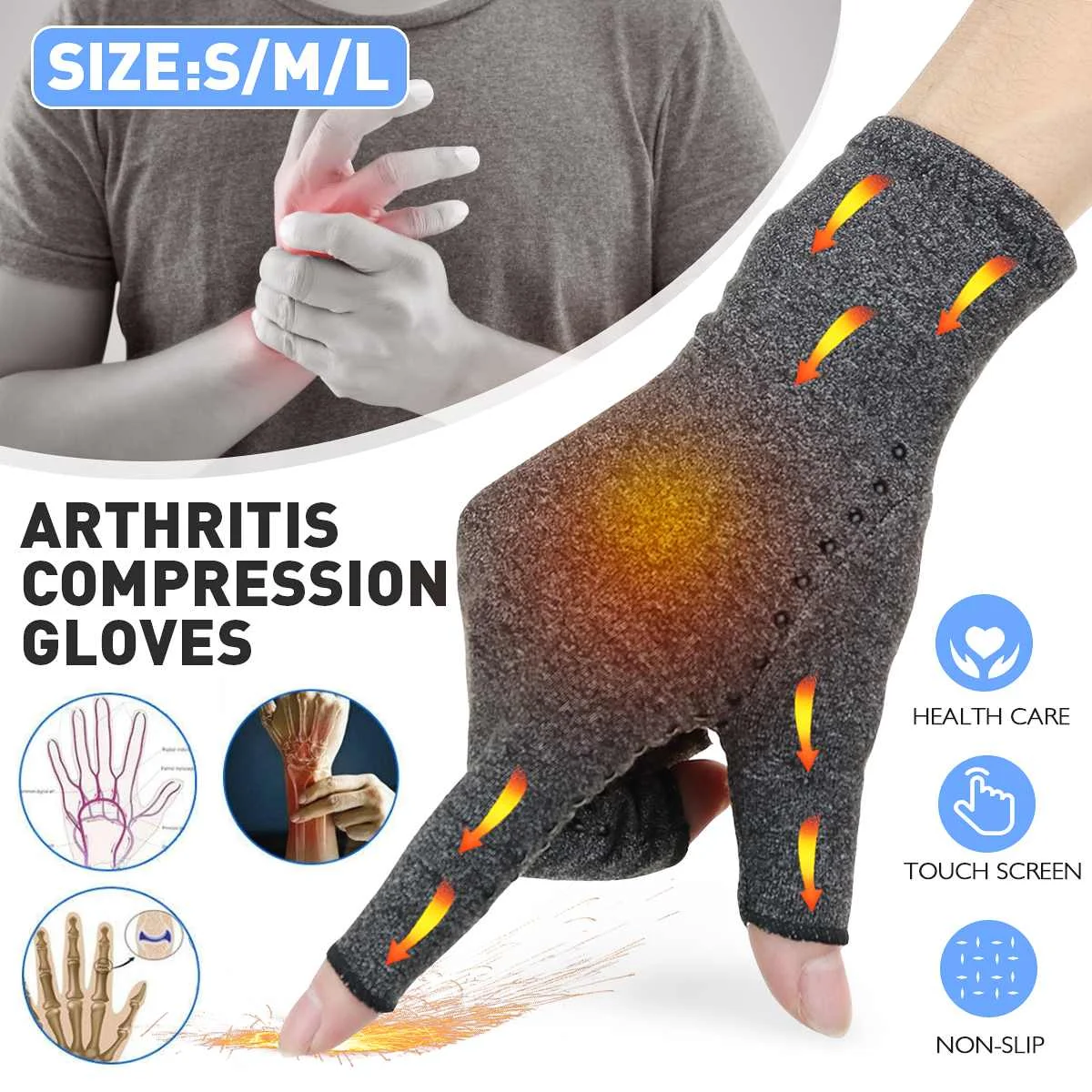 

2pcs Arthritis Gloves Touch Screen Gloves Anti Arthritis Therapy Compression Gloves and Ache Pain Joint Relief Winter S/M/L