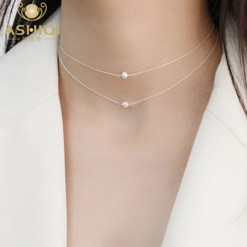 

ASHIQI Natural Freshwater Pearl 925 Sterling Silver Choker Necklaces for Women Layered Chain Jewelry