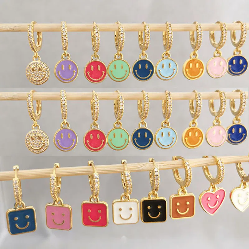 

QMHJE Smiley Dangle Small Hoop Earrings for Women Enamel Square Heart Round Cute Smile Face Good Mood Neon Rose Orange Black Red